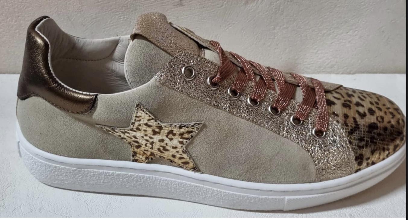 BASKETS SUN STELLA MIX PEAU BEIGE Gold Leopard Etoile Femme REQINS