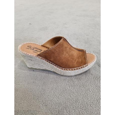 Sabot bout ouvert inte21-968-4 vELOURS CUIR MARRON Bout Ouvert talon compensé plateau 8cm Maison de L’Espadrille