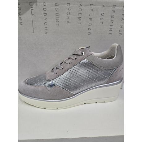 Baskets femme compensées lacet + zip GEOX ILDE D25RAA Cuir Gris métal semelle amovible 